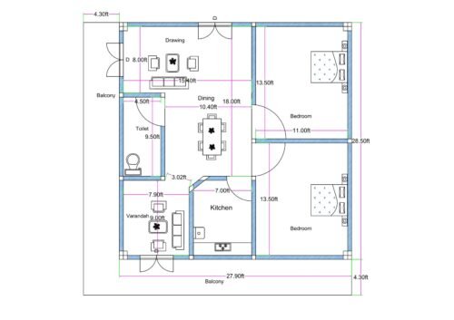 “2D floor plan of a 28×28 ft compact 2BHK house (actual size 27.90×28.50 ft) featuring two bedrooms, a drawing room, dining area, kitchen, verandah, toilet, and two balconies. The layout shows symmetrical bedroom placement, functional kitchen space, and front + side balconies for ventilation and outdoor seating.”