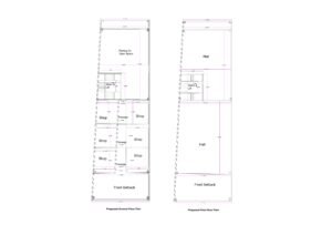 “2D floor plan of a 22×70 ft commercial building (actual size 22×70 ft) showing a ground floor with multiple shops, passages, staircase, lift, and rear parking/cycle space, along with a first floor having a large open hall and circulation core. The design includes front setback, symmetrical shop arrangement, and vertical access through a lift and staircase.”