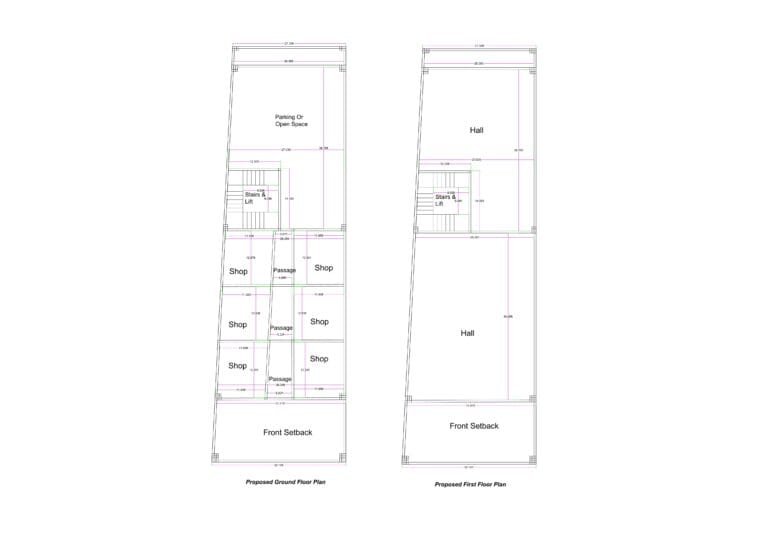 “2D floor plan of a 22×70 ft commercial building (actual size 22×70 ft) showing a ground floor with multiple shops, passages, staircase, lift, and rear parking/cycle space, along with a first floor having a large open hall and circulation core. The design includes front setback, symmetrical shop arrangement, and vertical access through a lift and staircase.”