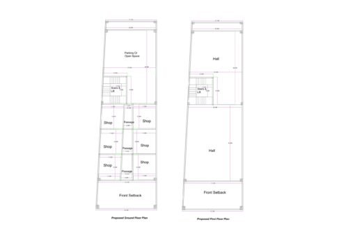 “2D floor plan of a 22×70 ft commercial building (actual size 22×70 ft) showing a ground floor with multiple shops, passages, staircase, lift, and rear parking/cycle space, along with a first floor having a large open hall and circulation core. The design includes front setback, symmetrical shop arrangement, and vertical access through a lift and staircase.”