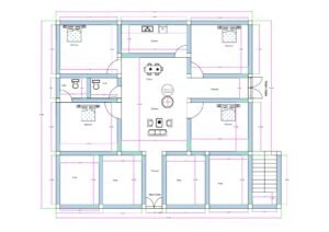 “2D floor plan of a 55×40 ft mixed-use building (actual size 54.83×40 ft) featuring multiple front shops, central drawing and dining area, kitchen, two bedrooms, two toilets, rear passage, and a staircase on the right side. The floor plan includes symmetrical shop layout in front, residential unit at the back, and wide internal corridors connecting all sections.”