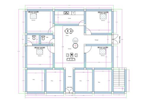 “2D floor plan of a 55×40 ft mixed-use building (actual size 54.83×40 ft) featuring multiple front shops, central drawing and dining area, kitchen, two bedrooms, two toilets, rear passage, and a staircase on the right side. The floor plan includes symmetrical shop layout in front, residential unit at the back, and wide internal corridors connecting all sections.”