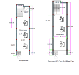 “13.25×50 ft commercial showroom floor plan with basement, ground, first and second floor layout; long rectangular shop design featuring staircase, display area, counters, furniture arrangement, and measured dimensions for commercial architecture.”