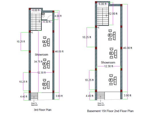 “13.25×50 ft commercial showroom floor plan with basement, ground, first and second floor layout; long rectangular shop design featuring staircase, display area, counters, furniture arrangement, and measured dimensions for commercial architecture.”