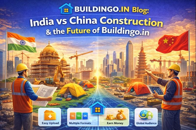 “Digital illustration showing India and China construction comparison with modern skylines, engineers, temple and pagoda structures, cranes, tents, and the future of Buildingo.in.”