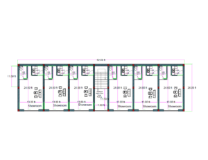 “2D floor plan of a 92×26 ft commercial showroom building (actual size 92×26 ft) showing six showrooms arranged side by side, each measuring 24 ft depth and 11.5 ft width. Each showroom includes internal seating/display area and a rear toilet. A central staircase provides access to upper floors. Ideal for retail shops, offices, or rental commercial units.”