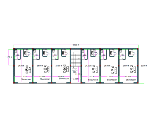 “2D floor plan of a 92×26 ft commercial showroom building (actual size 92×26 ft) showing six showrooms arranged side by side, each measuring 24 ft depth and 11.5 ft width. Each showroom includes internal seating/display area and a rear toilet. A central staircase provides access to upper floors. Ideal for retail shops, offices, or rental commercial units.”