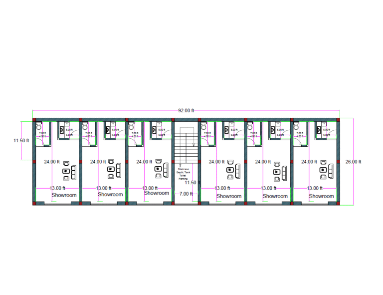 “2D floor plan of a 92×26 ft commercial showroom building (actual size 92×26 ft) showing six showrooms arranged side by side, each measuring 24 ft depth and 11.5 ft width. Each showroom includes internal seating/display area and a rear toilet. A central staircase provides access to upper floors. Ideal for retail shops, offices, or rental commercial units.”
