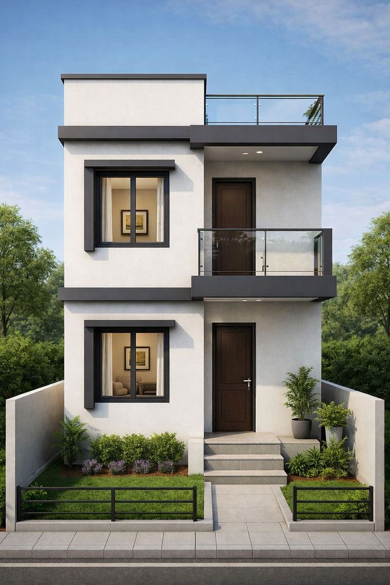 “Modern 3D front elevation of a 10×25 ft compact G+1 house (actual size 10×25 ft) featuring a minimalist façade, clean grey-and-white exterior theme, glass railing balcony, modern windows, sleek parapet design, ground floor garden, walkway steps, and side boundary walls for a narrow urban plot.”