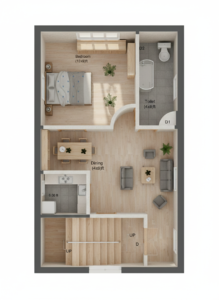 “15x25 feet 1BHK modern 3D floor plan showing a well-designed compact home layout with a 10x9 ft bedroom, 4x9 ft attached toilet, spacious drawing room, dedicated dining space, modular 6 ft kitchen, central staircase entry, optimized natural lighting, efficient circulation space, and realistic interior rendering suitable for small residential plots in India.”