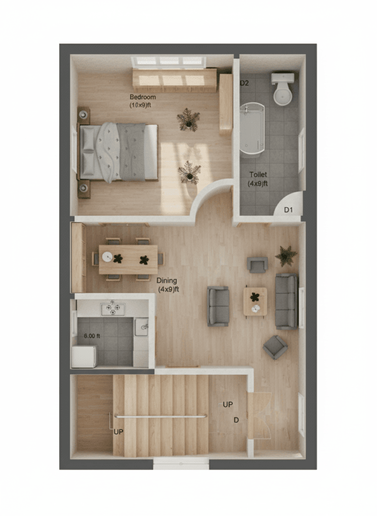 “15x25 feet 1BHK modern 3D floor plan showing a well-designed compact home layout with a 10x9 ft bedroom, 4x9 ft attached toilet, spacious drawing room, dedicated dining space, modular 6 ft kitchen, central staircase entry, optimized natural lighting, efficient circulation space, and realistic interior rendering suitable for small residential plots in India.”