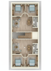 “20x52 two flats 2BHK house plan with mirrored layout, showing two identical units on ground and first floor, each with two bedrooms, centralized living room, dining area, common bathroom, staircase lobby, modern furniture placement, Vastu-friendly circulation, and efficient space utilization in a rectangular plot design – Buildingo”