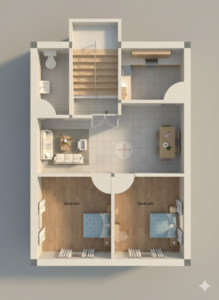 3D floor plan of a modern 20×40 house featuring two bedrooms, a spacious drawing room, open dining area, modular kitchen, staircase, and a compact toilet. Top-view realistic layout for small plot homes showcasing furniture arrangement, room dimensions, and functional Vastu-friendly design.