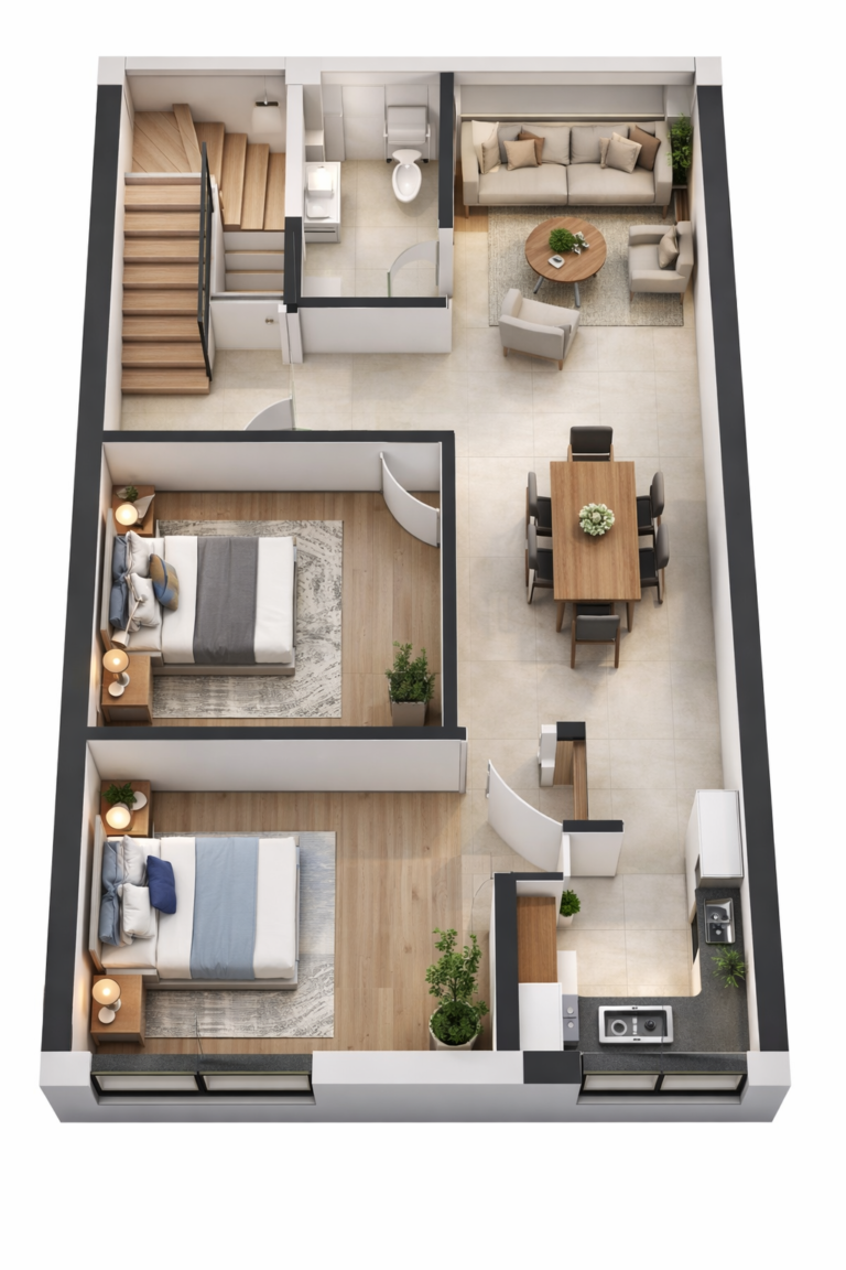 “3D floor plan of a 20×45 ft 2BHK house (actual size 20×45 ft) showing two bedrooms, a central dining space, modern kitchen, spacious living room, common washroom, staircase area, and realistic interiors with wooden flooring, furniture setup, décor elements, and accurate room proportions.”