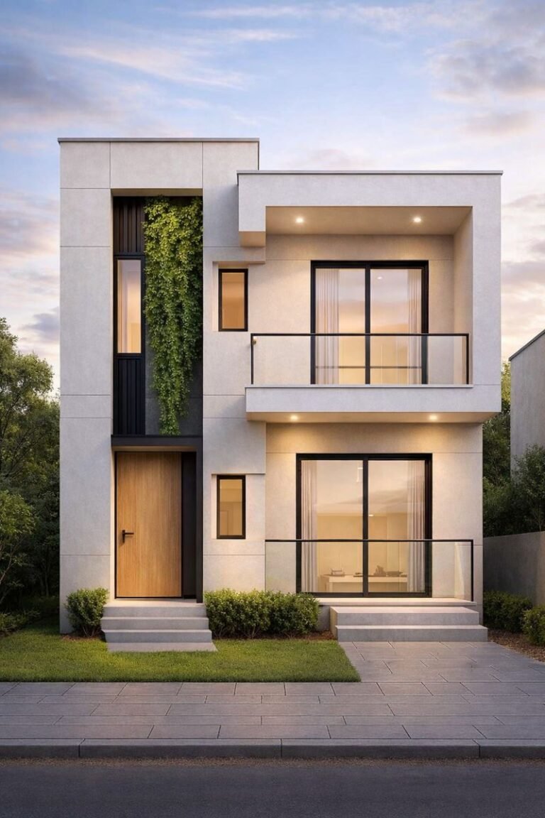 “Modern minimalist 3D front elevation of a 20×45 ft G+1 house (actual size 20×45 ft) featuring clean cube-style architecture, full-height glass windows, balcony with glass railing, vertical green wall, wooden main door, recessed lighting, and contemporary smooth exterior finish.”