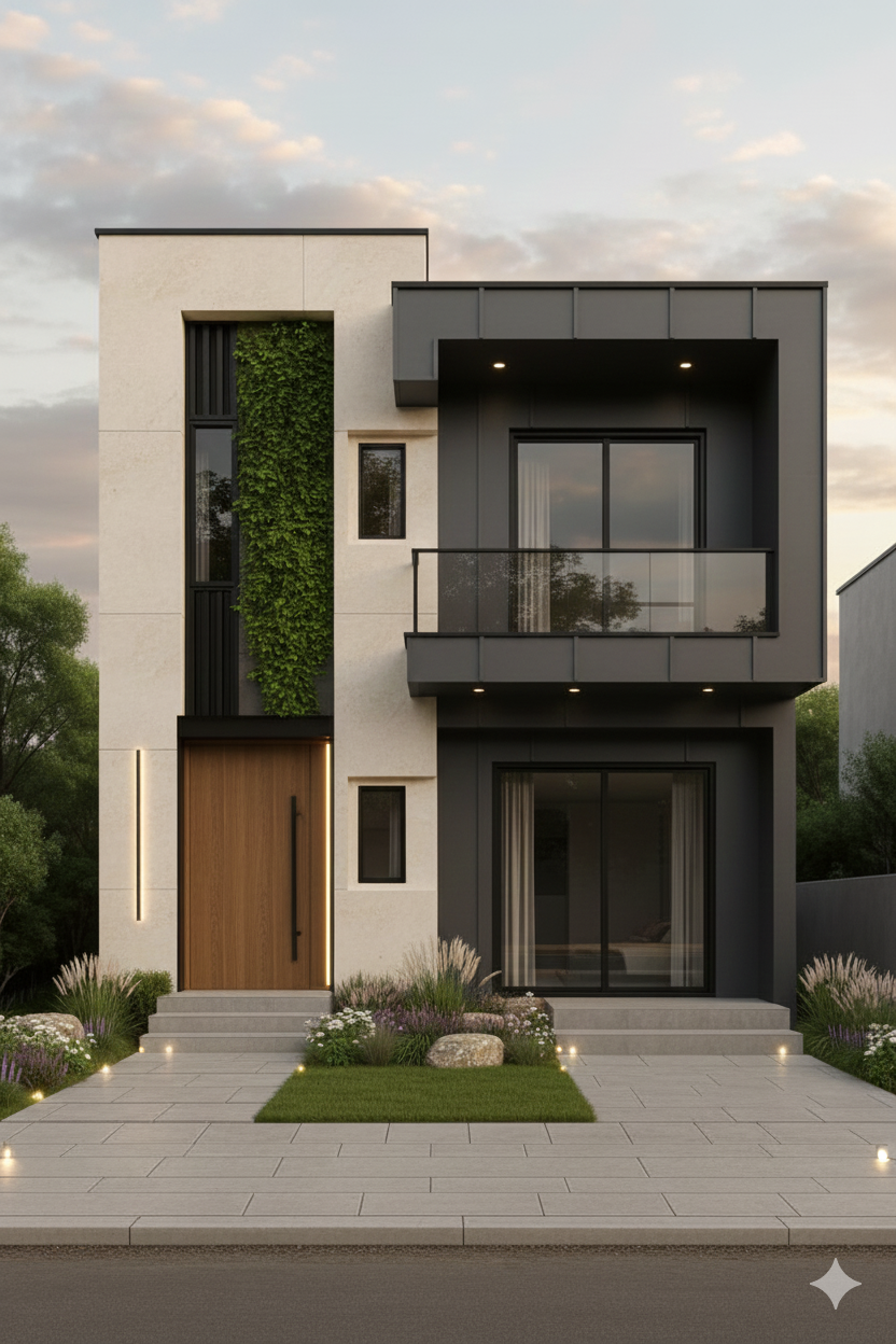 “Ultra-modern 3D front elevation of a 20×45 ft G+1 house (actual size 20×45 ft) featuring a dark grey contemporary façade, glass railing balcony, full-height sliding windows, wooden main door, vertical green wall feature, LED strip lighting, soft landscape garden, and clean minimalist architectural detailing.”