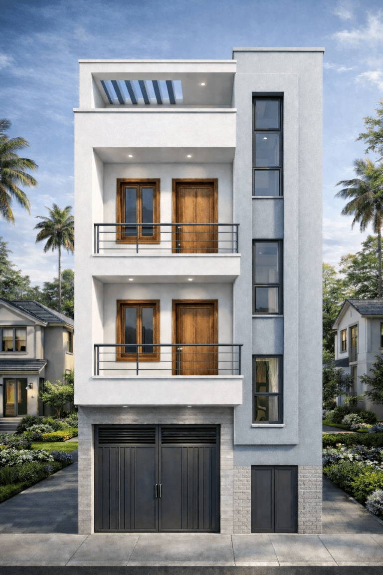 “Modern 3D front elevation of a 20–22 ft wide G+2 house (actual width approx. 22 ft) featuring clean contemporary lines, balconies with metal railings, wooden balcony doors, vertical glass window design, textured exterior tiles, main gate for parking, and a rooftop pergola. Surrounded by landscaped greenery and modern neighboring homes.”