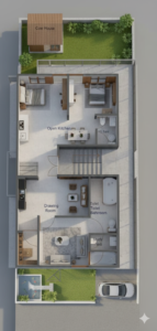 “3D floor plan of a 25×65 ft house (actual size 25×65 ft) featuring two bedrooms, an open kitchen with dining, a drawing/living room, two toilets, a study room, staircase, front lawn with car parking, backyard lawn, fish pond, and a cow house. The layout shows realistic interiors, furniture, greenery, and full top-view visualization.”