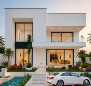 “Luxury modern 3D front elevation of a 25×65 ft G+1 villa (actual size 25×65 ft) featuring a minimalist white façade, full-height glass windows, large balcony with glass railing, LED ceiling lights, landscaped garden, palm trees, car parking area, and a decorative koi fish pool in the front.”