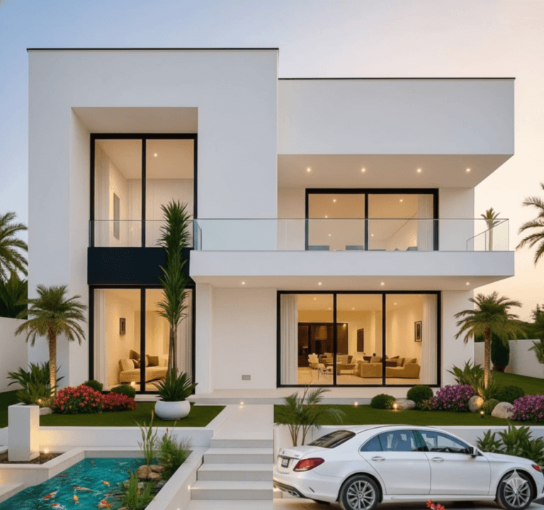 “Luxury modern 3D front elevation of a 25×65 ft G+1 villa (actual size 25×65 ft) featuring a minimalist white façade, full-height glass windows, large balcony with glass railing, LED ceiling lights, landscaped garden, palm trees, car parking area, and a decorative koi fish pool in the front.”