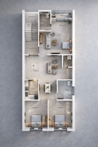 “25x45 3BHK house plan with modern 3D layout showing entrance lobby, spacious drawing room, dining area, two front bedrooms, master bedroom with balcony, attached toilet, separate common toilet, compact kitchen, dedicated puja room, staircase access and double balcony design – Buildingo”