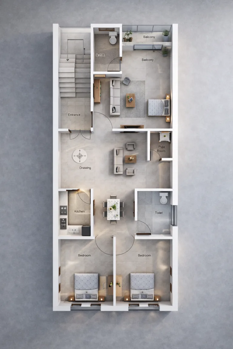 “25x45 3BHK house plan with modern 3D layout showing entrance lobby, spacious drawing room, dining area, two front bedrooms, master bedroom with balcony, attached toilet, separate common toilet, compact kitchen, dedicated puja room, staircase access and double balcony design – Buildingo”