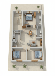 “High-quality 3D floor plan of a modern 25×50 house featuring a spacious central living room, well-designed dining space, three bedrooms with large windows, attached and common bathrooms, a compact modular kitchen, internal staircase, open circulation space, and accurate furniture layout suitable for Indian families. Shows realistic textures, lighting, and room placements for architectural reference.”