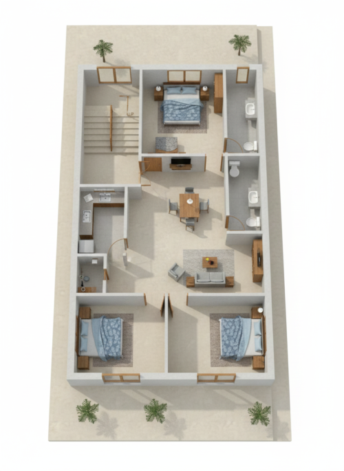 25x50 3BHK 3D Floor Plan