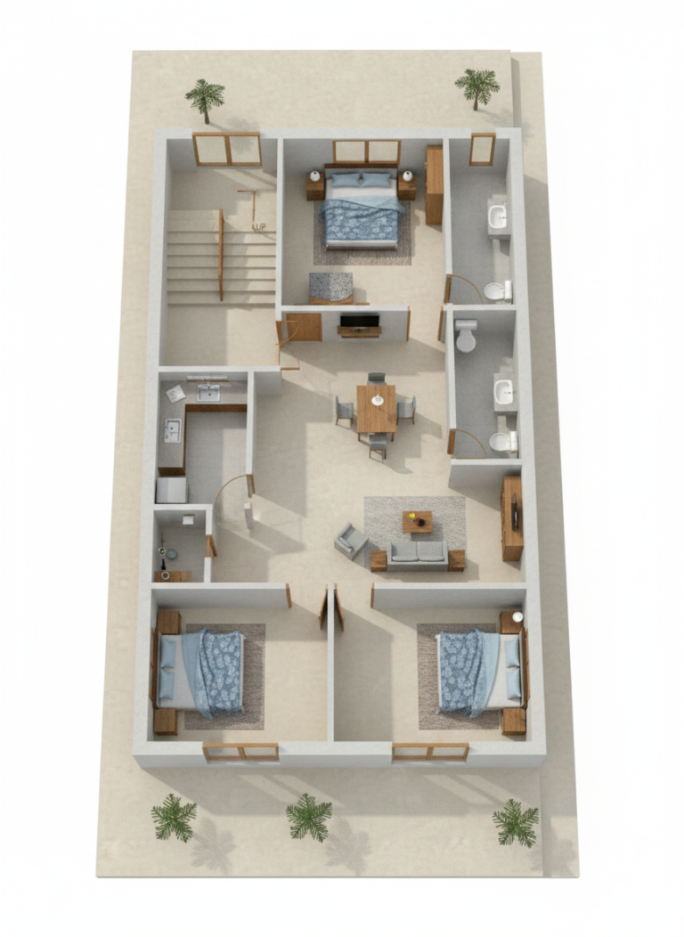 “High-quality 3D floor plan of a modern 25×50 house featuring a spacious central living room, well-designed dining space, three bedrooms with large windows, attached and common bathrooms, a compact modular kitchen, internal staircase, open circulation space, and accurate furniture layout suitable for Indian families. Shows realistic textures, lighting, and room placements for architectural reference.”