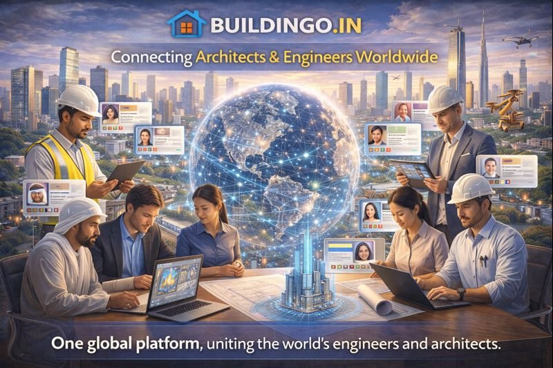 “Visionary founder of Buildingo.in viewed from behind, observing futuristic global buildings, engineers, digital blueprints, laptops, and smart construction technology.”