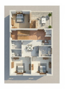 “30×45 house plan 3D floor plan with three bedrooms, spacious central dining area, modern drawing room, modular kitchen, attached toilets, open terrace seating, staircase lobby, and well-lit interior layout showing realistic furniture placements, flooring, and room sizes—perfect 3BHK 30 by 45 feet layout for modern Indian families.”