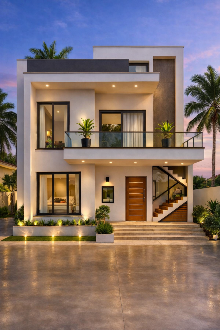 “Luxury modern 3D front elevation of a 35×40 ft G+1 house (actual size 35×40 ft) featuring large glass windows, a full-width balcony with glass railing, premium exterior lighting, wooden main door, landscaped entrance, modern staircase with glass side panel, planters, and contemporary façade design in a villa-style layout.”