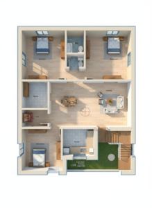“3D floor plan of a 35×40 ft 3BHK house (actual size 35×40 ft) featuring three bedrooms, a central drawing room, dining area, modern kitchen, store room, puja room, common washroom, landscaped lawn area, and staircase entry. The layout shows realistic interiors, furniture, flooring, and natural lighting in a detailed top-view perspective.”