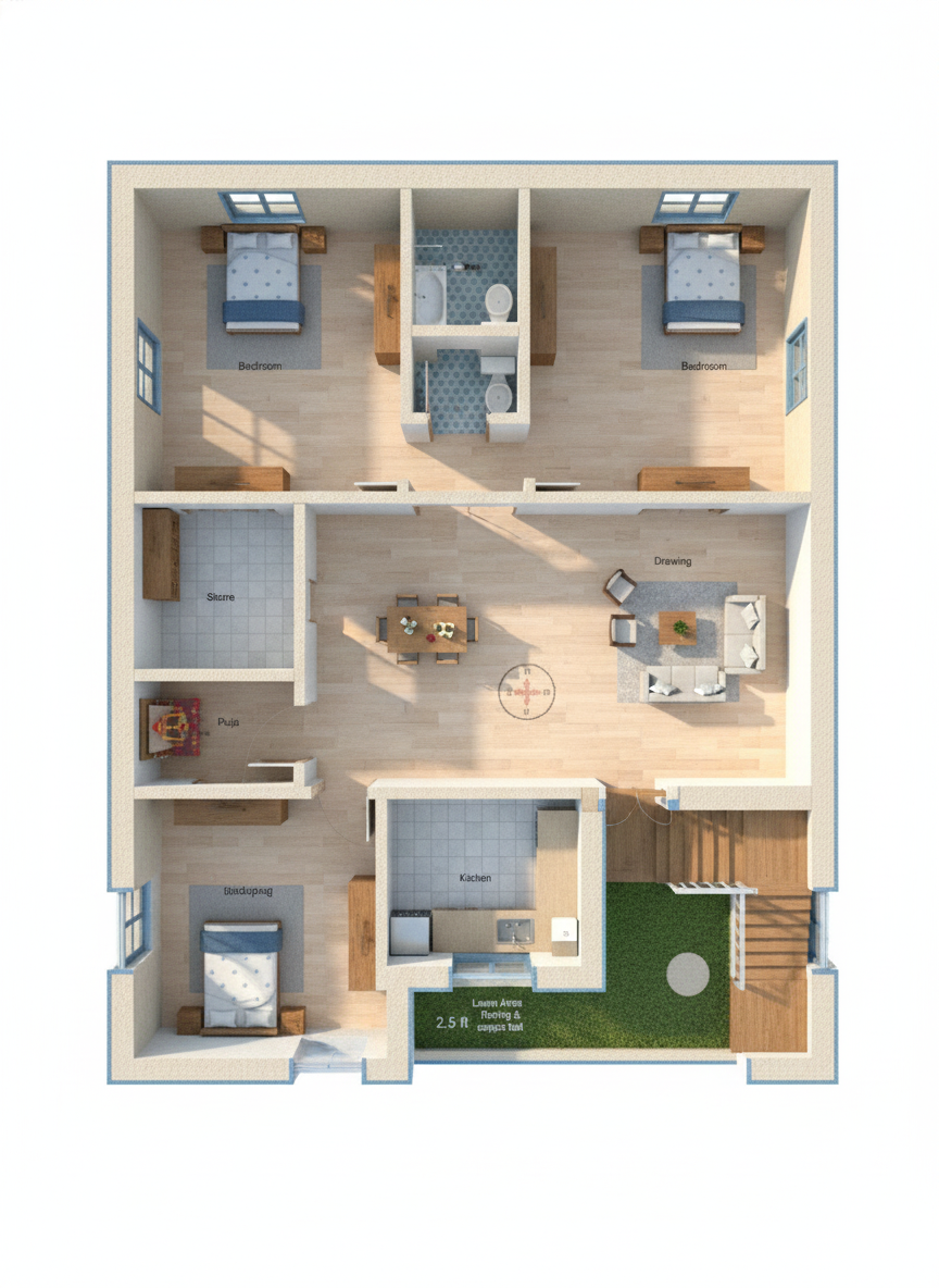 “3D floor plan of a 35×40 ft 3BHK house (actual size 35×40 ft) featuring three bedrooms, a central drawing room, dining area, modern kitchen, store room, puja room, common washroom, landscaped lawn area, and staircase entry. The layout shows realistic interiors, furniture, flooring, and natural lighting in a detailed top-view perspective.”