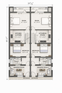 “35x60 (actual 37.5x60 ft) dual 2BHK house plan with two symmetrical side-by-side flats, featuring individual entrances, spacious drawing rooms, central bedrooms, large rear rooms measuring 16x18'9", modular kitchen with staircase block sized 7.5x15.5 ft, attached 5x10 ft toilets, balanced Vastu-friendly layout, efficient rental design, and identical floor planning for maximum space utilization – Buildingo”