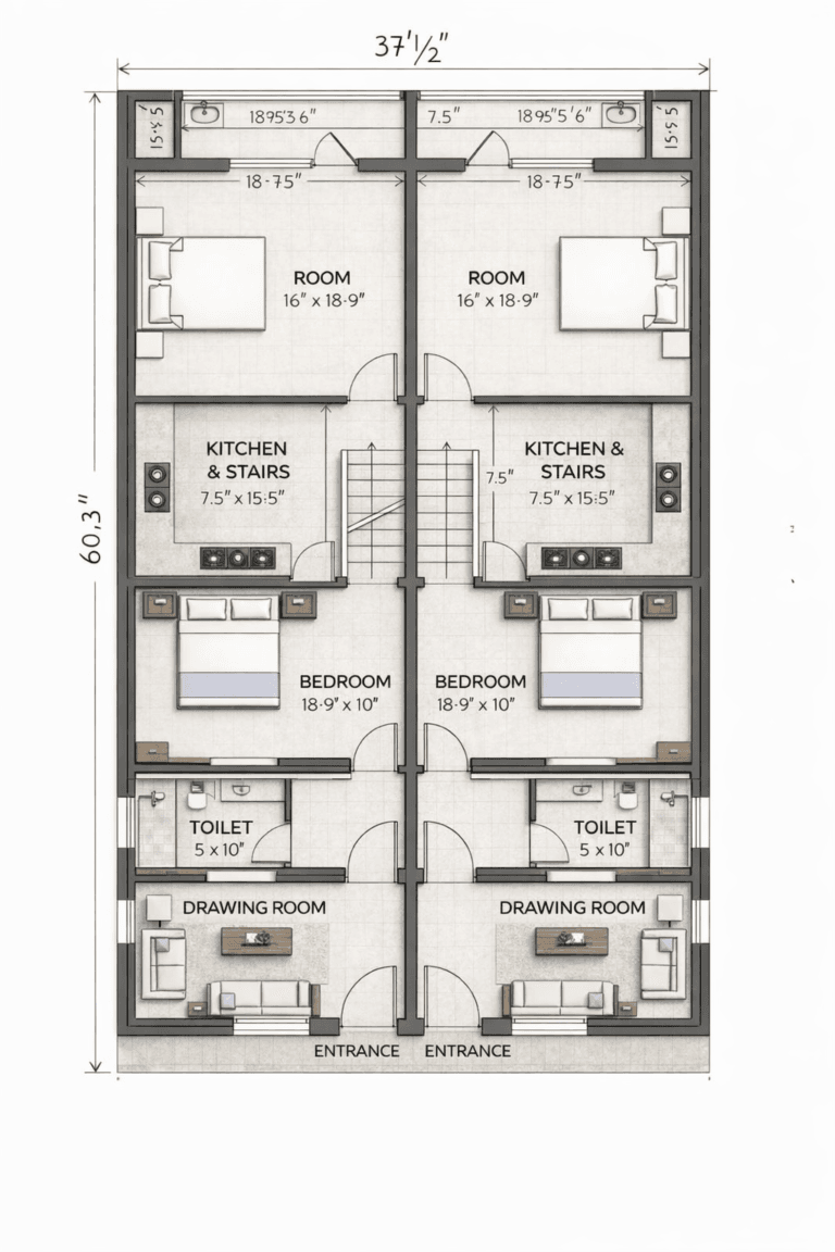 “35x60 (actual 37.5x60 ft) dual 2BHK house plan with two symmetrical side-by-side flats, featuring individual entrances, spacious drawing rooms, central bedrooms, large rear rooms measuring 16x18'9", modular kitchen with staircase block sized 7.5x15.5 ft, attached 5x10 ft toilets, balanced Vastu-friendly layout, efficient rental design, and identical floor planning for maximum space utilization – Buildingo”