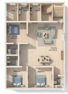 “40x60 house plan with 3BHK residential layout and 3 front commercial shops, featuring master bedroom, two additional bedrooms, two toilets, drawing cum dining hall, separate kitchen, side staircase, front-entry living area, and well-planned mixed-use layout for rental income – Buildingo”2