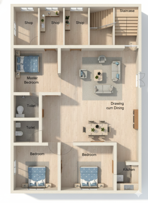 house plan beautiful 40x60feet 3BHK 3shops40X60 3 BHK 3 SHOPS HOUSE PLAN BUILDINGO.png