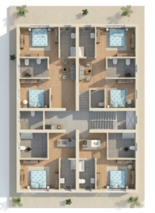 “40×60 apartment floor plan with four flats—two 2BHK units and two 1BHK units—showing symmetrical layout, central staircase, spacious bedrooms, attached modern bathrooms, living and dining areas, modular kitchens, tiled flooring, proper ventilation windows, and balcony access. High-quality 3D rendered top view with realistic textures, natural lighting, wooden floors, and contemporary interior design.”