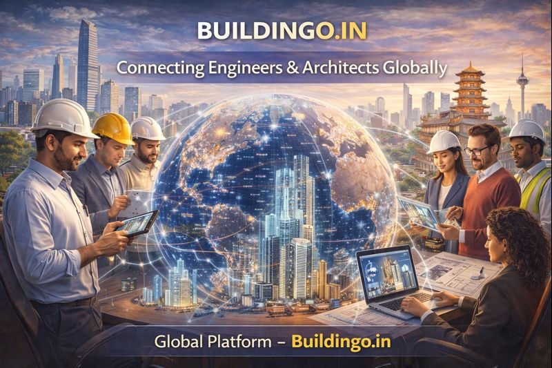 “Visionary founder of Buildingo.in viewed from behind, observing futuristic global buildings, engineers, digital blueprints, laptops, and smart construction technology.”
