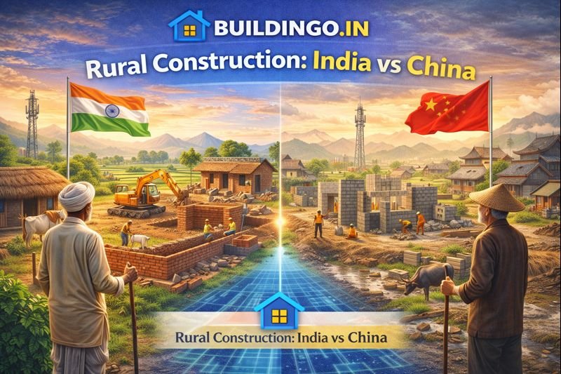“Buildingo.in blog banner comparing India vs China construction with two engineers, country flags, city skylines, VS symbol, and futuristic Buildingo.in concept.”
2