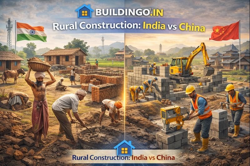 “Buildingo.in blog banner comparing India vs China construction with two engineers, country flags, city skylines, VS symbol, and futuristic Buildingo.in concept.” 23