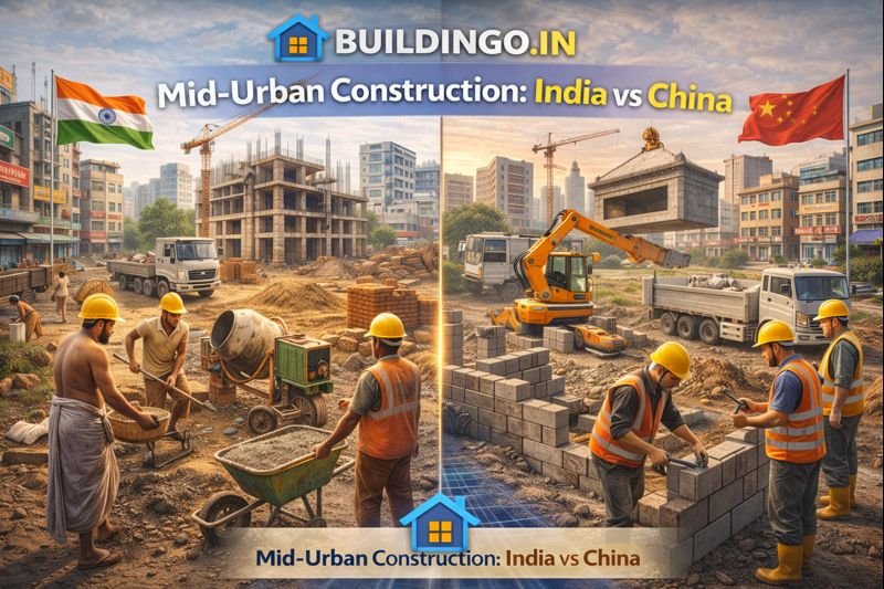 “Buildingo.in blog banner comparing India vs China construction with two engineers, country flags, city skylines, VS symbol, and futuristic Buildingo.in concept.” 234