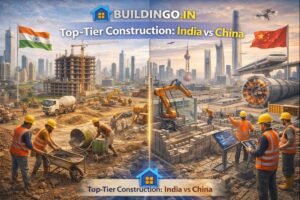 “Buildingo.in blog banner comparing India vs China construction with two engineers, country flags, city skylines, VS symbol, and futuristic Buildingo.in concept.” 2345
