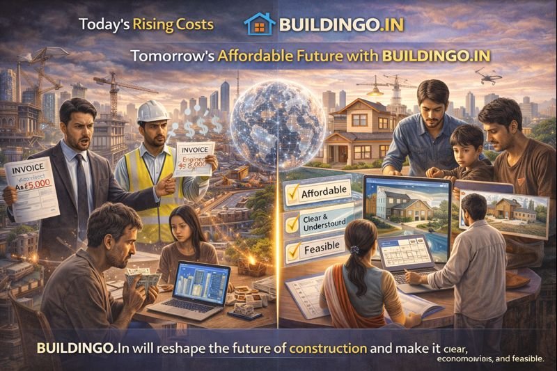 Buildingo “Visionary founder of Buildingo.ine viewed from behind, observing futuristic global buildings, engineers, digital blueprints, laptops, and smart construction technology.”