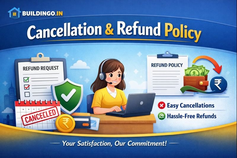 “Buildingo.in cancellation and refund policy banner showing refund request form, customer support representative, cancellation stamp, refund process icons, and secure money-back assurance.”