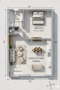 “20x30 house plan (actual 20x30 ft) 1BHK layout featuring spacious open kitchen dining area, modern living space, 12.5x14.5 ft bedroom, 6x10 ft common toilet with bathtub, compact modular kitchen, dual entrance design, Vastu-friendly orientation, ideal small house plan for compact plots, efficient space utilization, and premium 3D interior layout – Buildingo”
