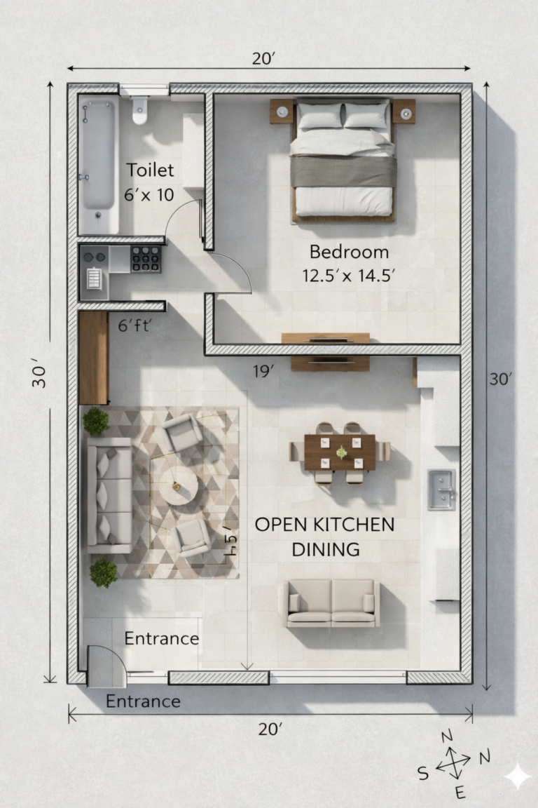 “20x30 house plan (actual 20x30 ft) 1BHK layout featuring spacious open kitchen dining area, modern living space, 12.5x14.5 ft bedroom, 6x10 ft common toilet with bathtub, compact modular kitchen, dual entrance design, Vastu-friendly orientation, ideal small house plan for compact plots, efficient space utilization, and premium 3D interior layout – Buildingo”