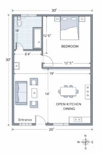 “20x30 house plan (actual 20x30 ft) 1BHK small home layout showing open kitchen dining area, 14 ft living room, 12.5×12.5 ft bedroom, 6'4×18 ft toilet+bath area, modern entrance, compact furniture planning, clear room dimensions, efficient small plot design, Vastu-friendly zoning, and minimalistic architectural floor plan – Buildingo”