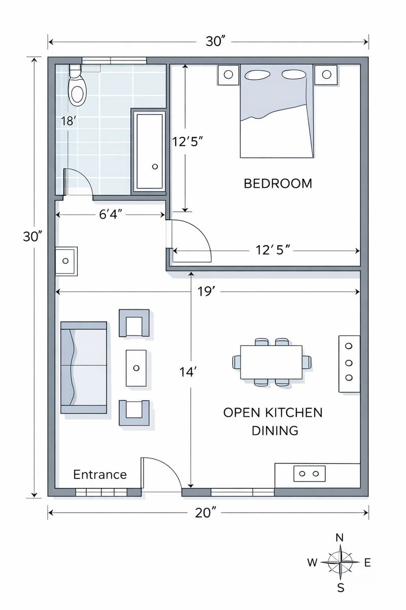 20x30 house plan 2D floor layout showing one bedroom, open kitchen and dining area, washroom, entrance living space, and room dimensions.